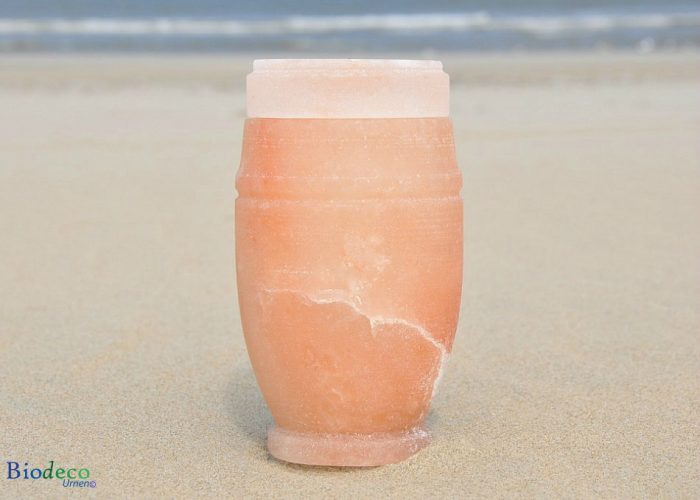 Mini zee-urn van Himalaya zout op het strand van Scheveningen, met de Noordzee op de achtergond