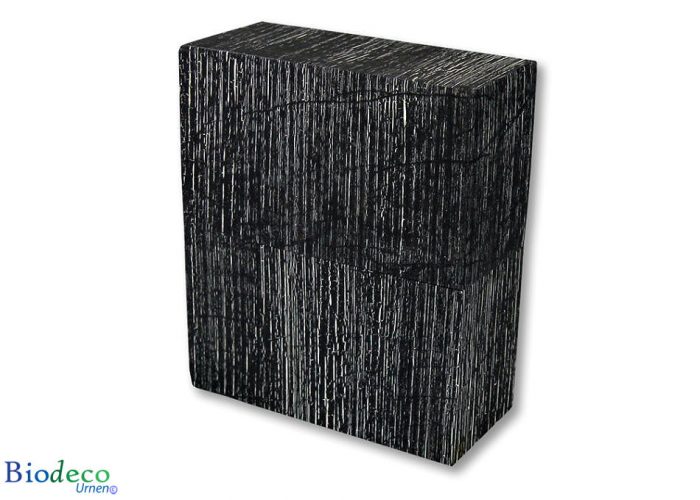 De biologisch afbreekbare urn Simplicity Antiek Zwart, bekleed met geweven papier, voor een asbijzetting in de aarde